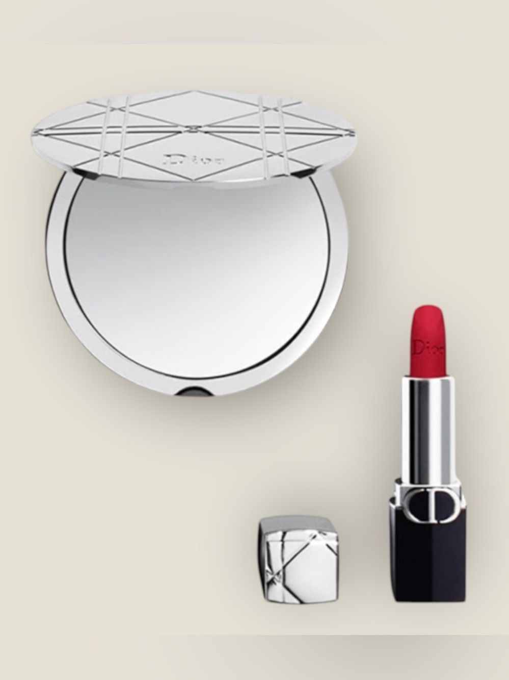 Silver-Plated Dior Beauty Double-Sided Compact Mirror/Rouge Lipstick Mini